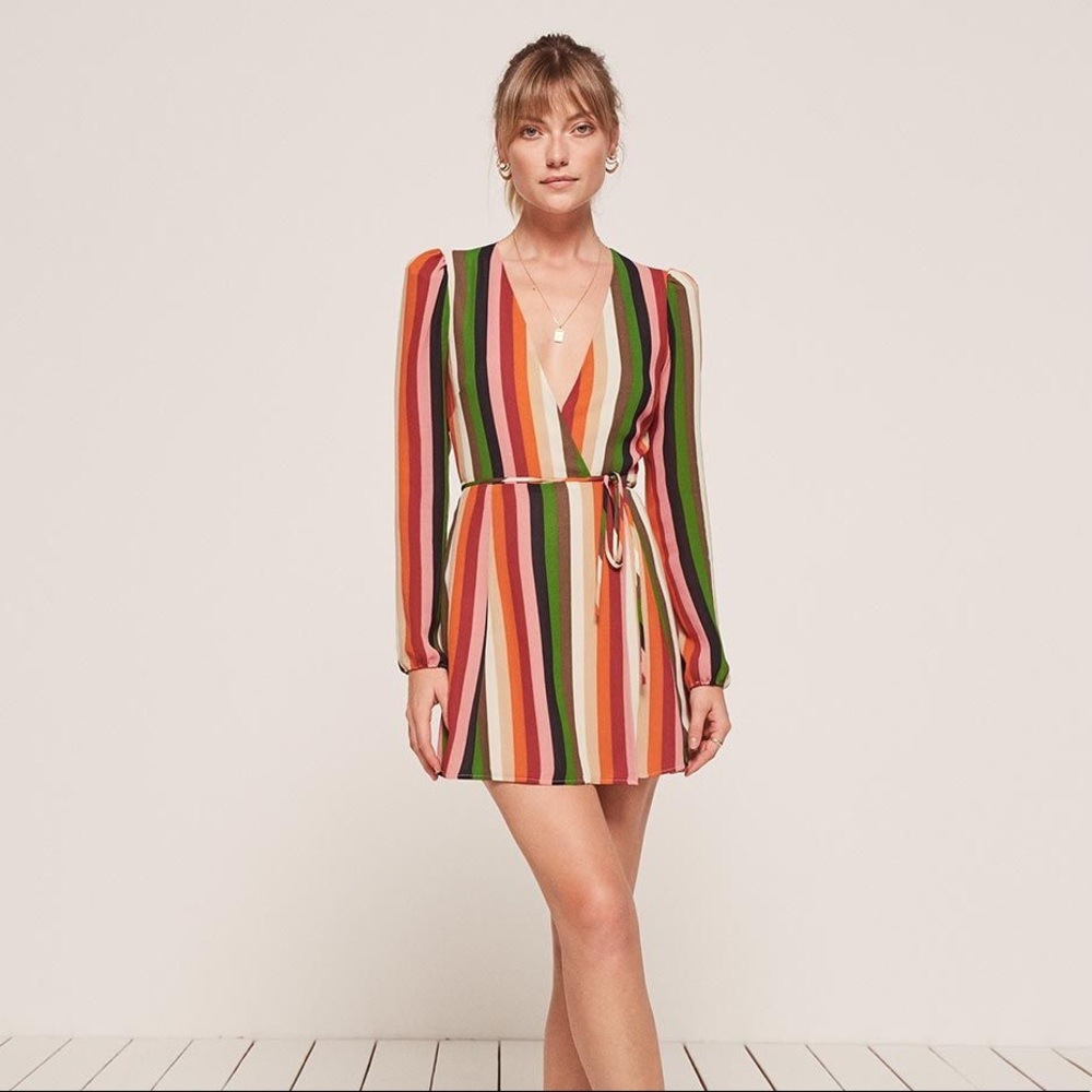 Reformation Polk rainbow wrap dress, size M